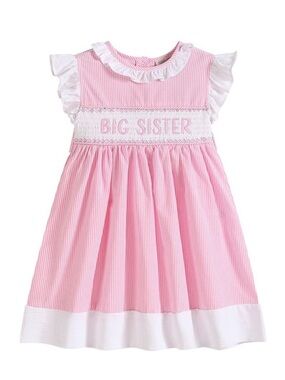 NWT Lil Cactus Pink 'Big Sister' Smocked Dress with White Trim